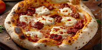 Pizza z kalabryjską kiełbasą nduja, serem scamorza i pomidorkami San Marzano